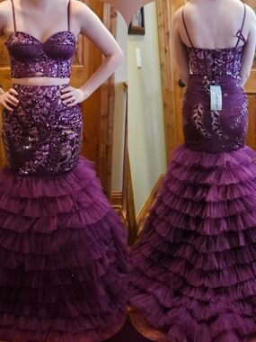 Johnathan Kayne Plum Sequin Two-Piece Mermaid Gown